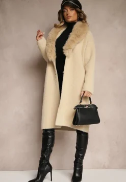 Beżowy Płaszcz z Dzianiny z Wełną Zdobiony Odpinanym Futrem Veliti