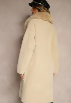 Beżowy Płaszcz z Dzianiny z Wełną Zdobiony Odpinanym Futrem Veliti