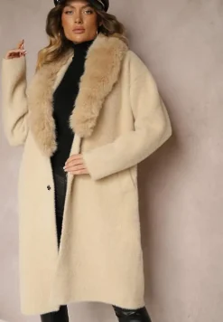 Beżowy Płaszcz z Dzianiny z Wełną Zdobiony Odpinanym Futrem Veliti