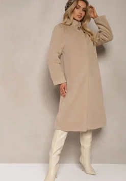 Beżowy Płaszcz z Futerka z Kieszeniami Nomifra