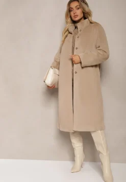 Beżowy Płaszcz z Futerka z Kieszeniami Nomifra