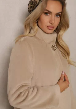 Beżowy Płaszcz z Futerka z Kieszeniami Nomifra