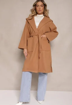 Beżowy Płaszcz z Kapturem Wiązany w Pasie Kalni
