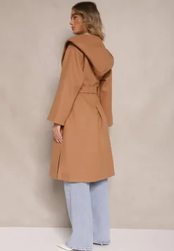Beżowy Płaszcz z Kapturem Wiązany w Pasie Kalni