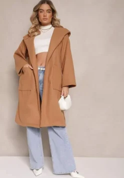 Beżowy Płaszcz z Kapturem Wiązany w Pasie Kalni