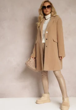 Beżowy Płaszcz z Puchatej Dzianiny na Napy Erisse