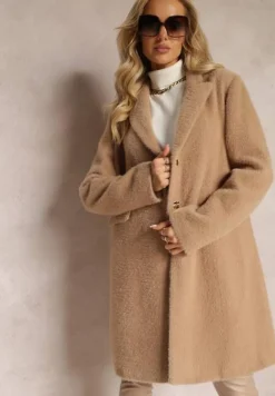 Beżowy Płaszcz z Puchatej Dzianiny na Napy Erisse