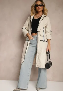 Beżowy Płaszcz z Regulowaną Długością i Ozdobnymi Wstawkami Nainika