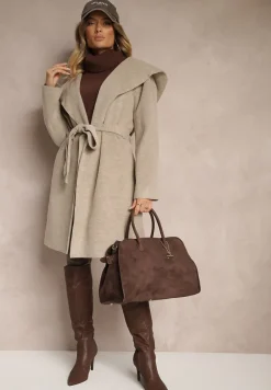Beżowy Płaszcz z Wiskozą Kapturem i Paskiem w Talii Ninerviria