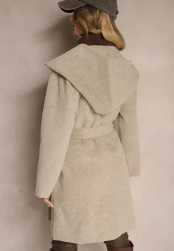 Beżowy Płaszcz z Wiskozą Kapturem i Paskiem w Talii Ninerviria