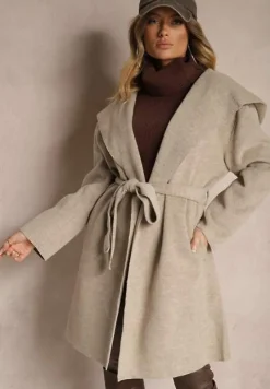 Beżowy Płaszcz z Wiskozą Kapturem i Paskiem w Talii Ninerviria