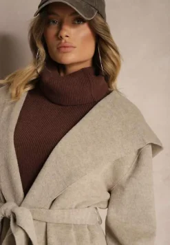 Beżowy Płaszcz z Wiskozą Kapturem i Paskiem w Talii Ninerviria