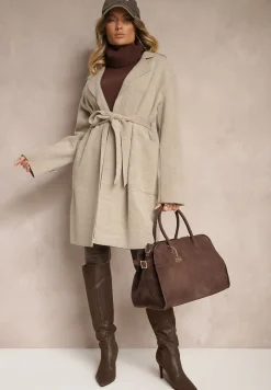 Beżowy Płaszcz z Wiskozą o Dwurzędowym Kroju z Kieszeniami i Wiązanym Paskiem Ninneta