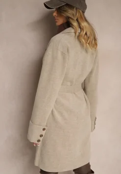 Beżowy Płaszcz z Wiskozą o Dwurzędowym Kroju z Kieszeniami i Wiązanym Paskiem Ninneta