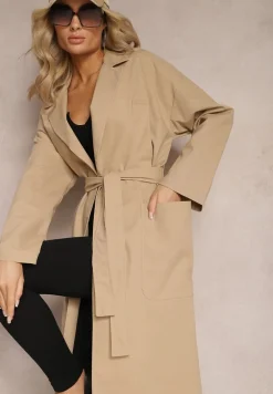 Beżowy Płaszcz z Wiązanym Paskiem Oversize Terethia