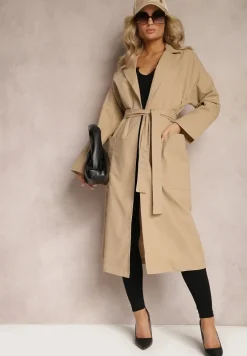 Beżowy Płaszcz z Wiązanym Paskiem Oversize Terethia