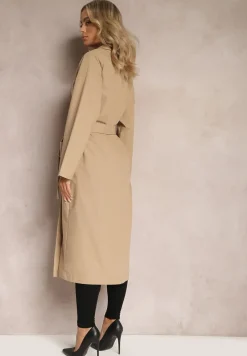 Beżowy Płaszcz z Wiązanym Paskiem Oversize Terethia
