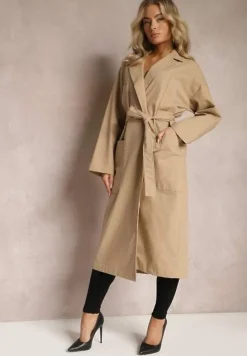 Beżowy Płaszcz z Wiązanym Paskiem Oversize Terethia
