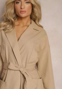 Beżowy Płaszcz z Wiązanym Paskiem Oversize Terethia