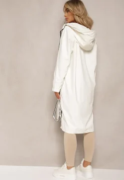 Beżowy Płaszcz za Kolano z Tasiemką i Kapturem Penela