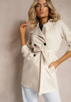 Beżowy Płaszcz Zapinany Dwurzędowy z Paskiem w Talii Leciana