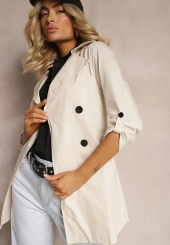 Beżowy Płaszcz Zapinany Dwurzędowy z Paskiem w Talii Leciana