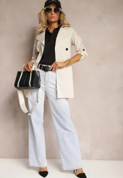 Beżowy Płaszcz Zapinany Dwurzędowy z Paskiem w Talii Leciana