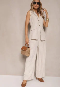 Beżowy Prążkowany Komplet z Wiskozą w Garniturowym Stylu Kamizelka i Spodnie Saralisse
