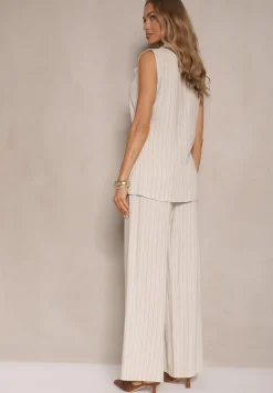 Beżowy Prążkowany Komplet z Wiskozą w Garniturowym Stylu Kamizelka i Spodnie Saralisse