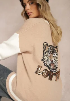 Beżowy Retro Kardigan z Ozdobnymi Naszywkami z Połyskiem Vialida