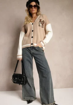 Beżowy Retro Kardigan z Ozdobnymi Naszywkami z Połyskiem Vialida