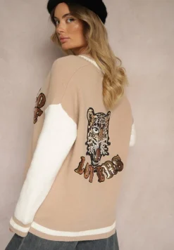 Beżowy Retro Kardigan z Ozdobnymi Naszywkami z Połyskiem Vialida