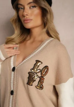 Beżowy Retro Kardigan z Ozdobnymi Naszywkami z Połyskiem Vialida