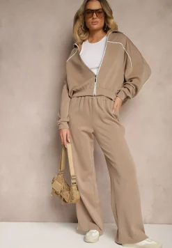 Beżowy Retro Komplet Dresowy z Wiskozą Bluza i Spodnie o Szerokim Kroju Selriza
