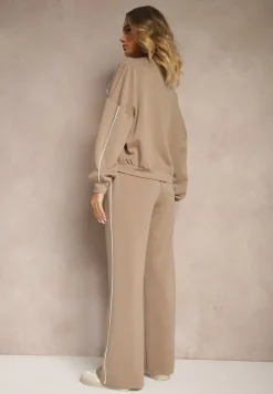 Beżowy Retro Komplet Dresowy z Wiskozą Bluza i Spodnie o Szerokim Kroju Selriza