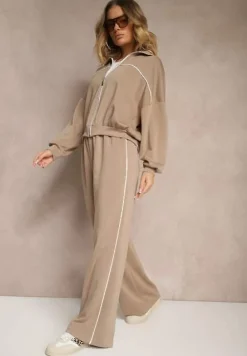 Beżowy Retro Komplet Dresowy z Wiskozą Bluza i Spodnie o Szerokim Kroju Selriza
