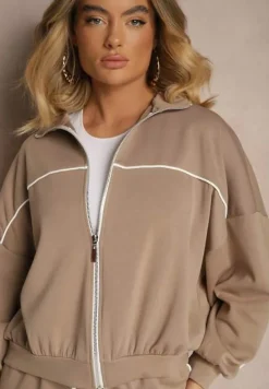 Beżowy Retro Komplet Dresowy z Wiskozą Bluza i Spodnie o Szerokim Kroju Selriza