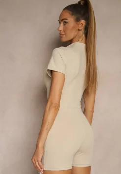 Beżowy Rozpinany Dopasowany Kombinezon w Sportowym Stylu Sarovelle