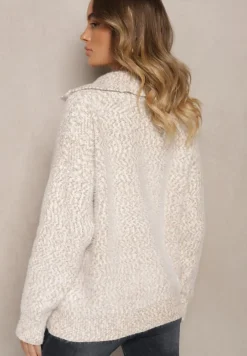 Beżowy Rozpinany Kardigan z Wiskozą Ozdobiony Kołnierzykiem Airevia