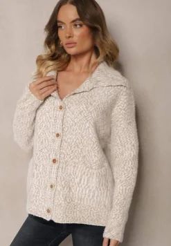 Beżowy Rozpinany Kardigan z Wiskozą Ozdobiony Kołnierzykiem Airevia