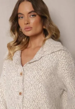 Beżowy Rozpinany Kardigan z Wiskozą Ozdobiony Kołnierzykiem Airevia