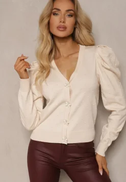 Beżowy Rozpinany Kardigan z Wiskozą Ozdobiony Guzikami Kwiatkami Enarine