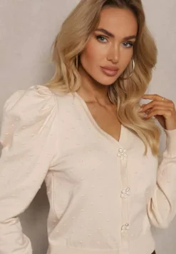 Beżowy Rozpinany Kardigan z Wiskozą Ozdobiony Guzikami Kwiatkami Enarine