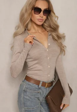 Beżowy Rozpinany Kardigan Ozdobiony Ściągaczem Omelle