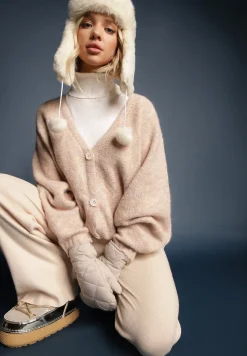 Beżowy Rozpinany Kardigan z Wełną i Trójkątnym Dekoltem Riarael