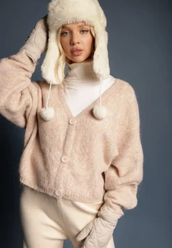 Beżowy Rozpinany Kardigan z Wełną i Trójkątnym Dekoltem Riarael