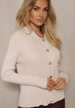 Beżowy Rozpinany Kardigan z Modalem Wiskozą i Kołnierzykiem z Prążkowanego Materiału Zeanirra
