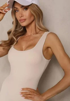 Beżowy Sportowy Kombinezon na Grubych Ramiączkach z Krótkimi Nogawkami Felaritia