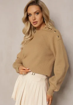 Beżowy Sweter Dzianinowy z Długim Rękawem i Guzikami Kithi