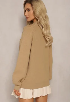 Beżowy Sweter Dzianinowy z Długim Rękawem i Guzikami Kithi